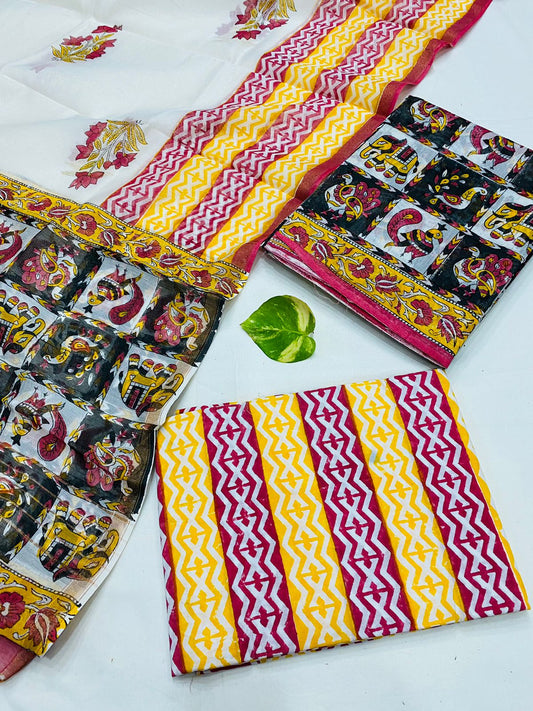 Hand Block printed Pure Chanderi Silk Suit Set