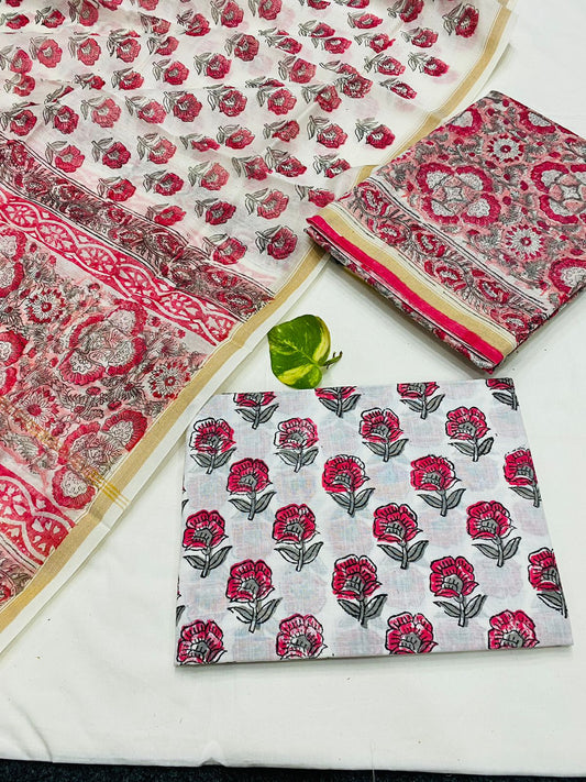 Hand Block printed Pure Chanderi Silk Suit Set