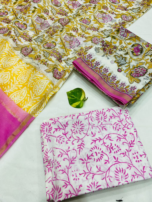 Hand Block printed Pure Chanderi Silk Suit Set