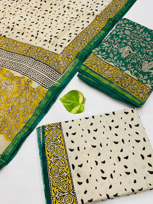 Hand Block printed Pure Chanderi Silk Suit Set