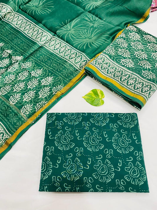 Hand Block printed Pure Chanderi Silk Suit Set