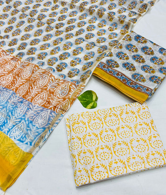 Hand Block printed Pure Chanderi Silk Suit Set