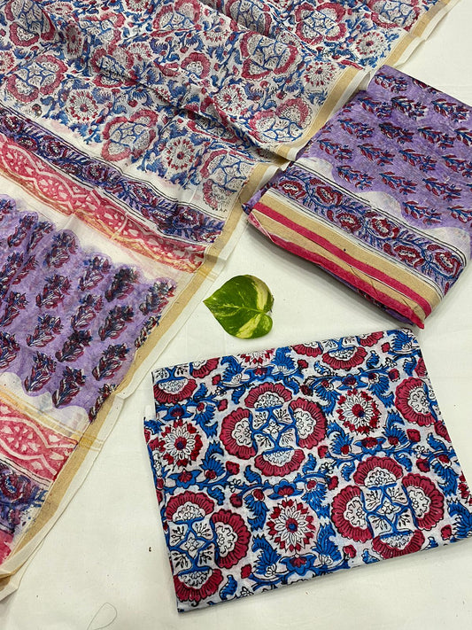 Hand Block printed Pure Chanderi Silk Suit Set