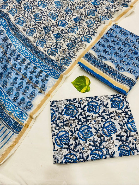 Hand Block printed Pure Chanderi Silk Suit Set