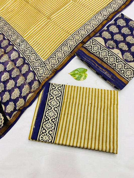 Hand Block printed Pure Chanderi Silk Suit Set