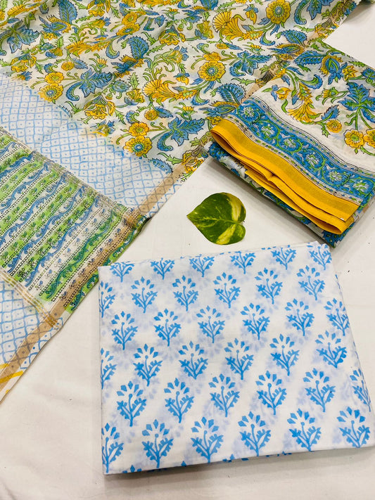 Hand Block printed Pure Chanderi Silk Suit Set