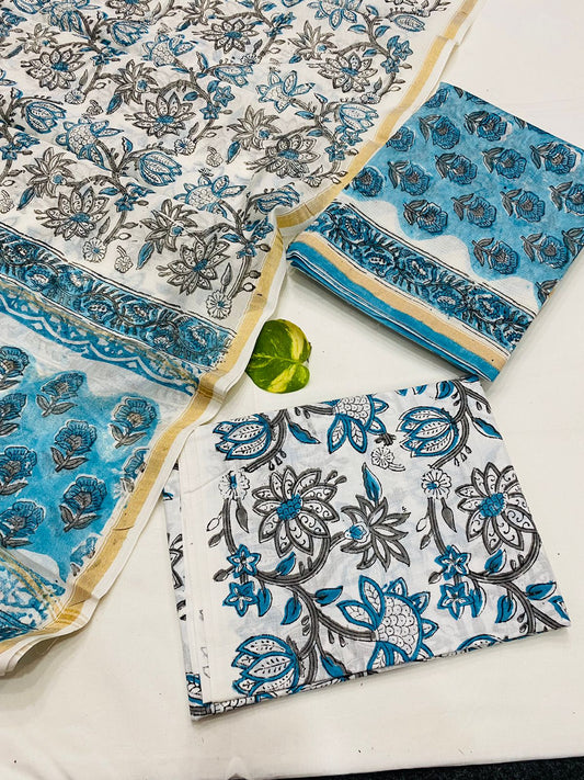 Hand Block printed Pure Chanderi Silk Suit Set