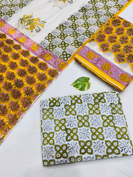 Hand Block printed Pure Chanderi Silk Suit Set