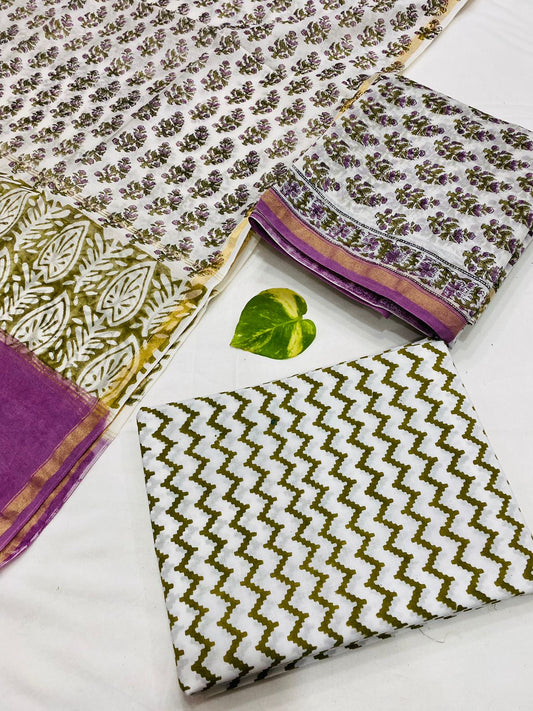 Hand Block printed Pure Chanderi Silk Suit Set