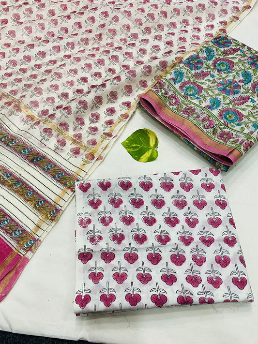 Hand Block printed Pure Chanderi Silk Suit Set