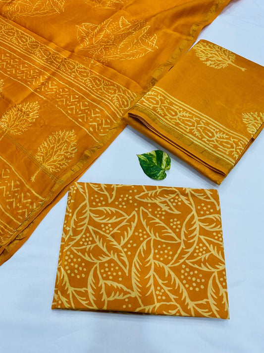 Hand Block printed Pure Chanderi Silk Suit Set