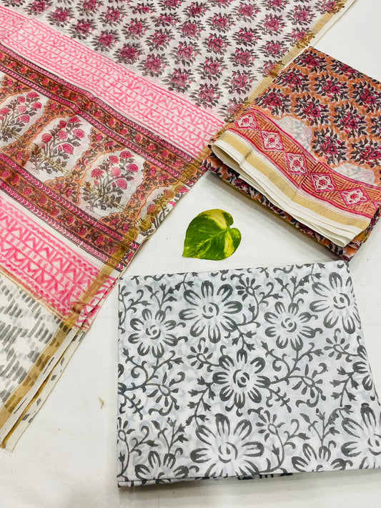 Hand Block printed Pure Chanderi Silk Suit Set