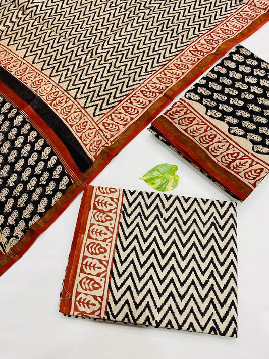 Hand Block printed Pure Chanderi Silk Suit Set
