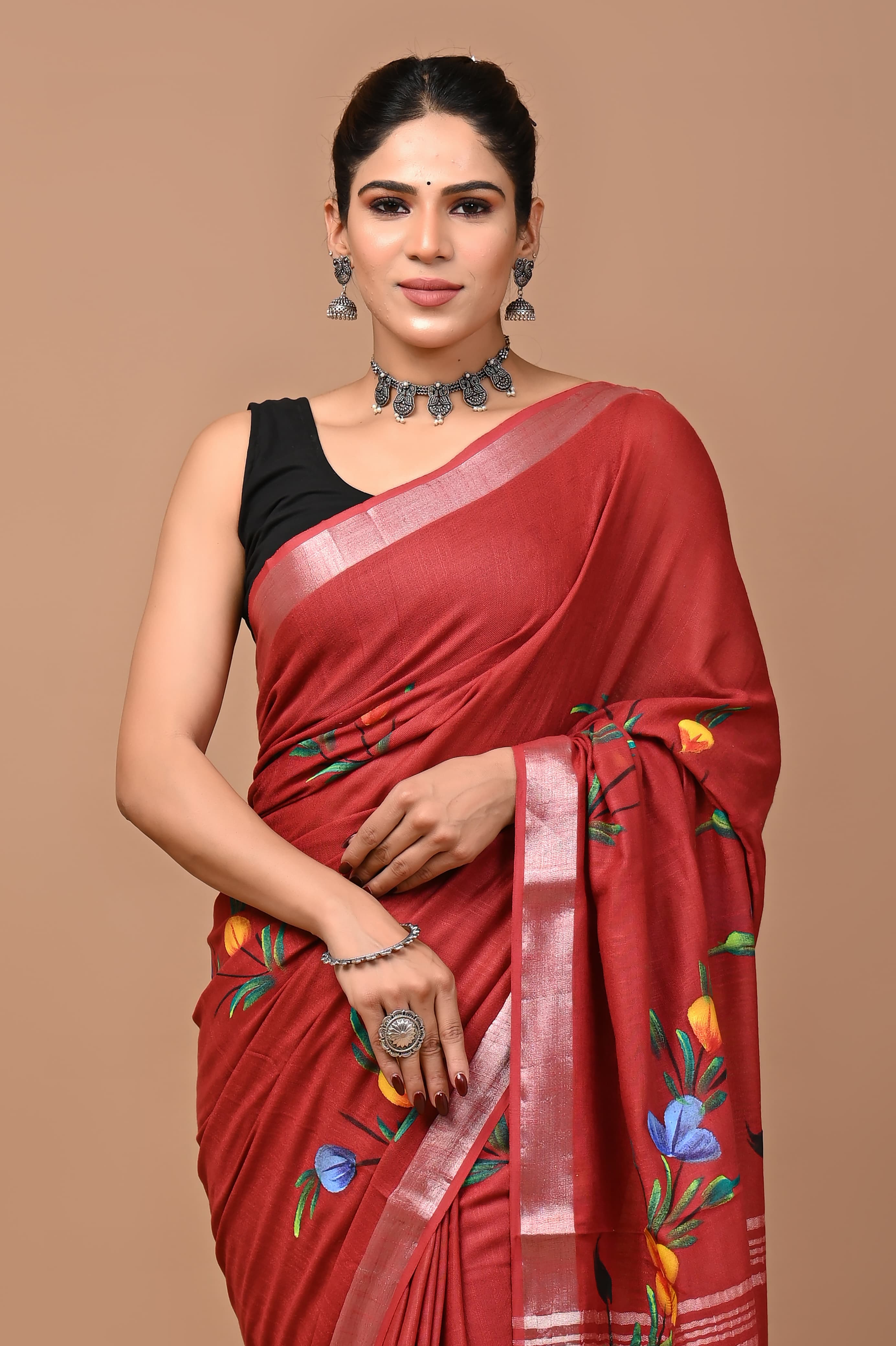 Hand block printed cotton linen saree