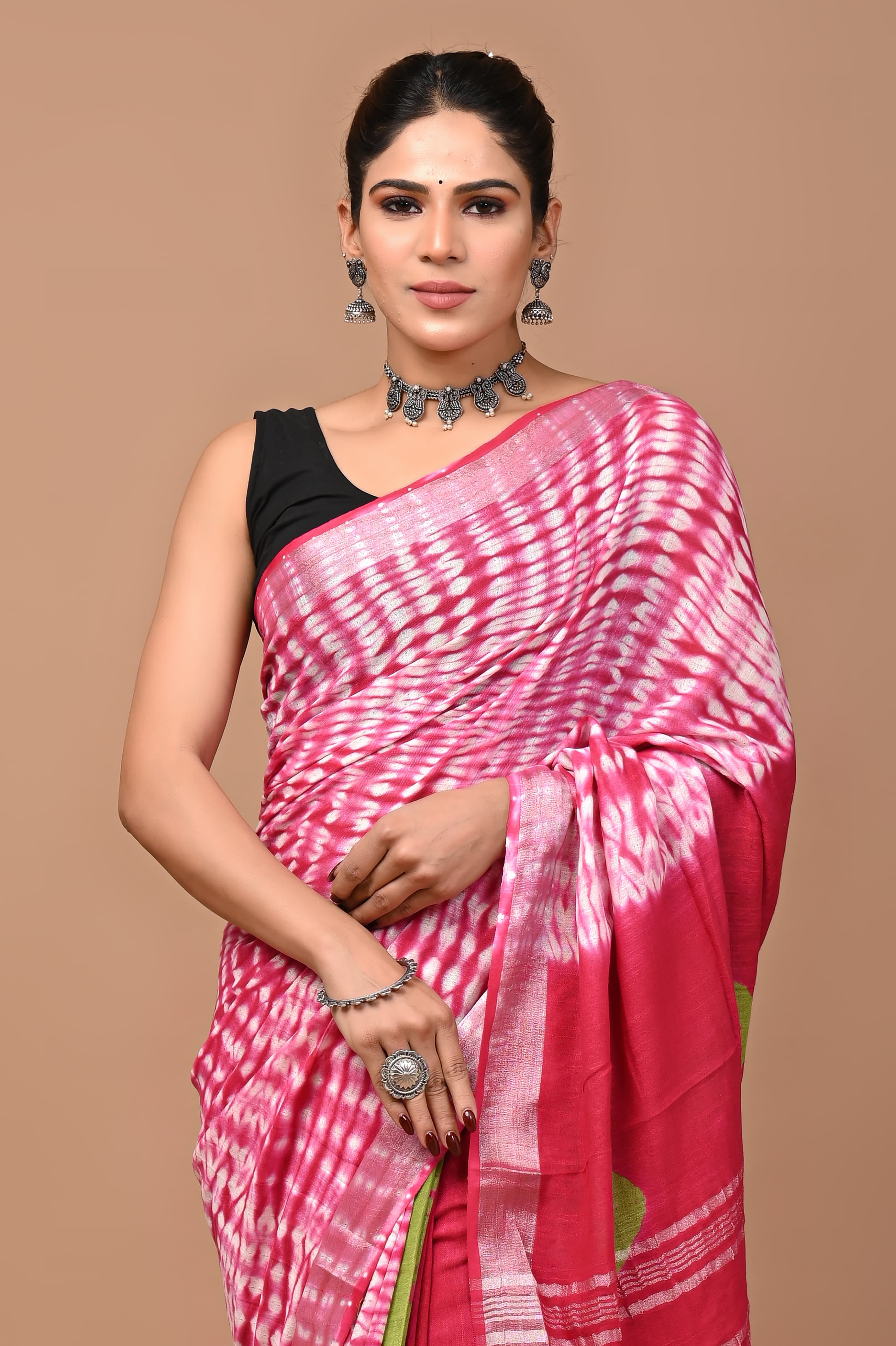 Hand block printed cotton linen saree
