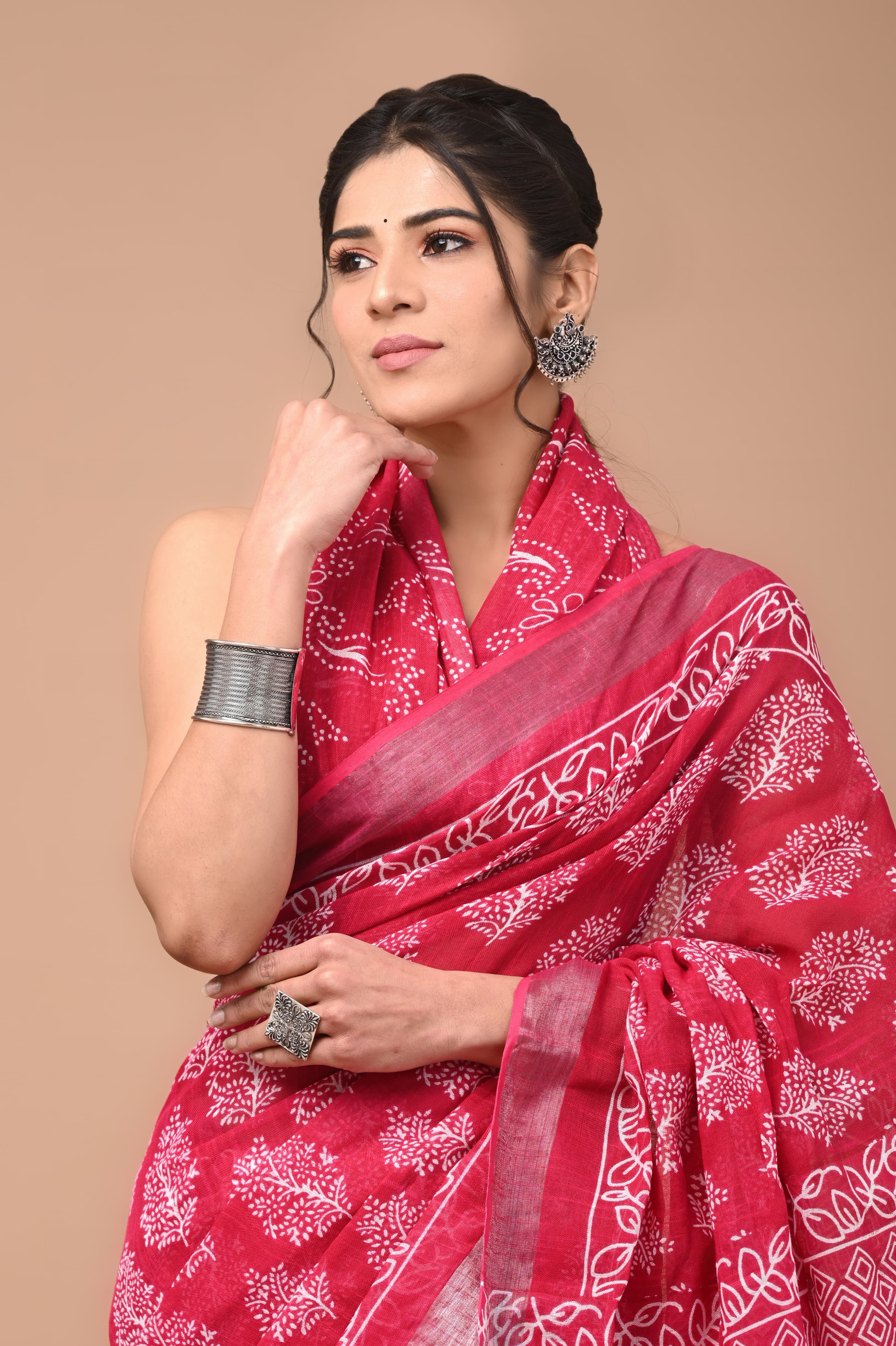 Hand block printed cotton linen saree