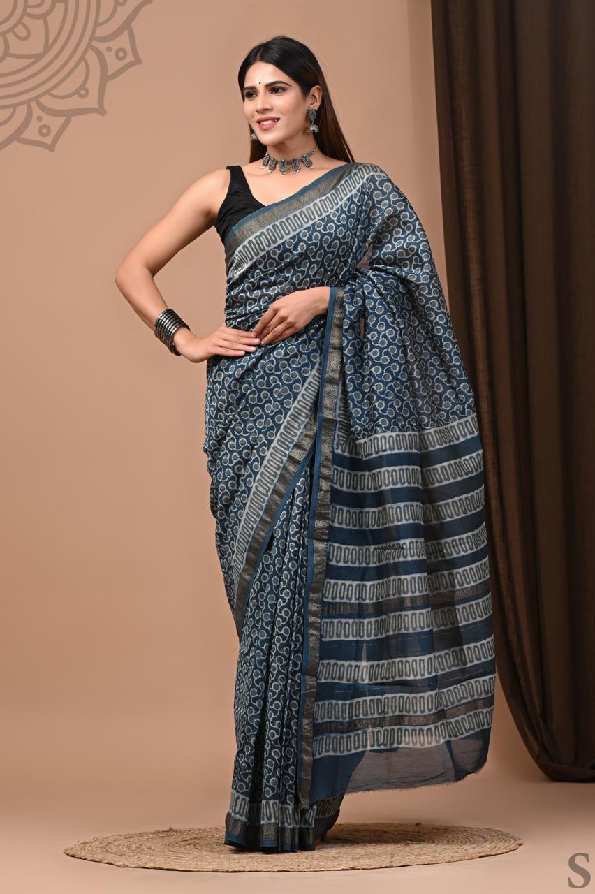 Pure Hand Block Printed Maheshwari Saree