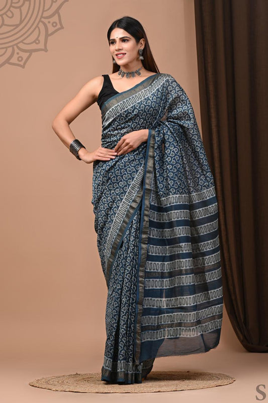 Pure Hand Block Printed Maheshwari Saree