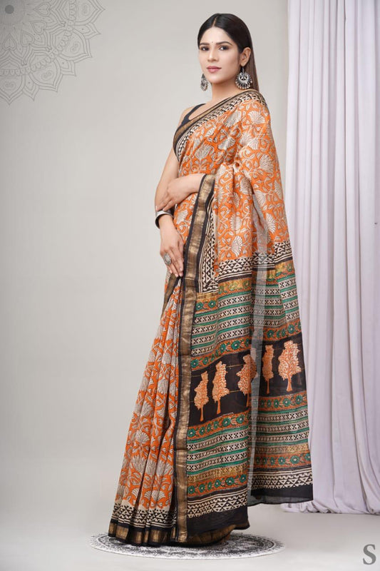 Pure Hand Block Printed Maheshwari Saree