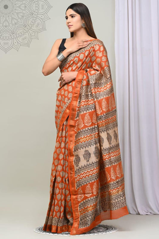 Pure Hand Block Printed Maheshwari Saree