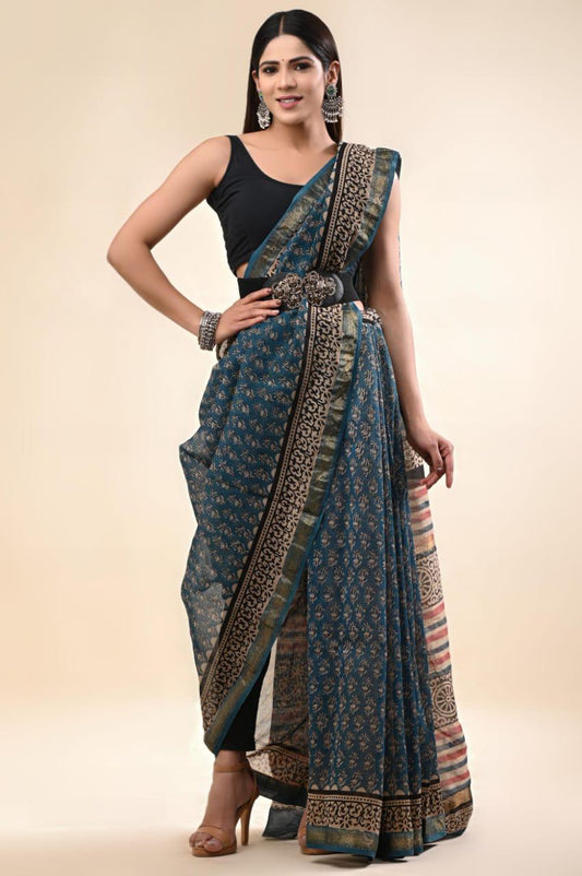 Pure Hand Block Printed Maheshwari Saree