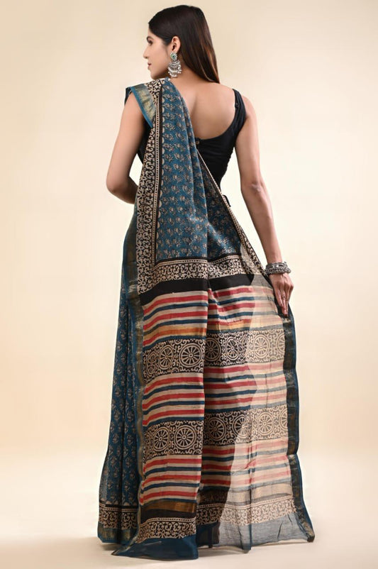 Pure Hand Block Printed Maheshwari Saree