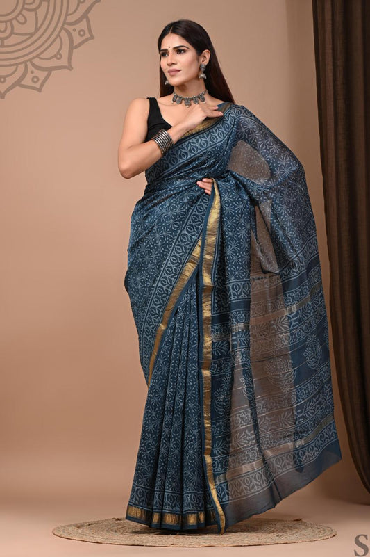 Pure Hand Block Printed Maheshwari Saree