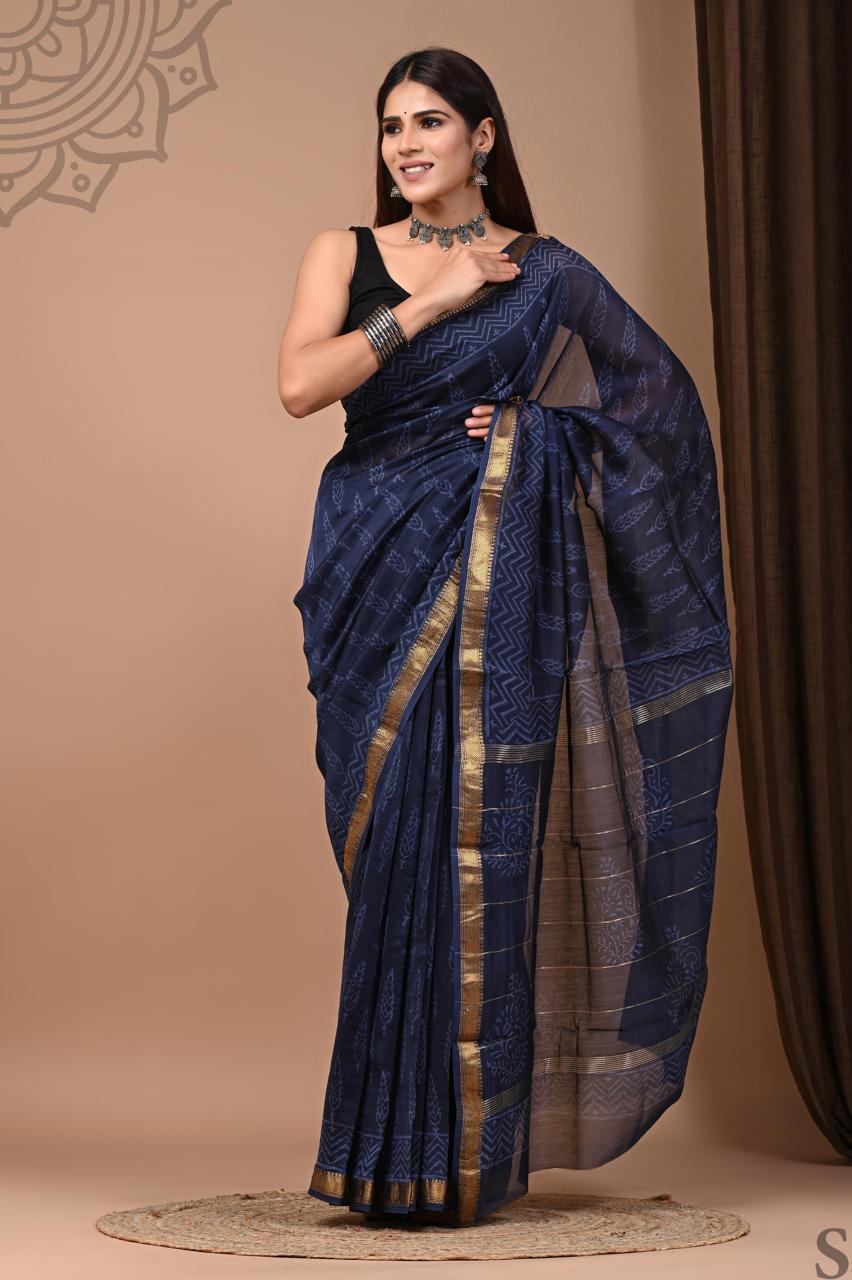 Pure Hand Block Printed Maheshwari Saree