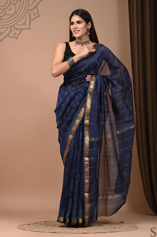 Pure Hand Block Printed Maheshwari Saree