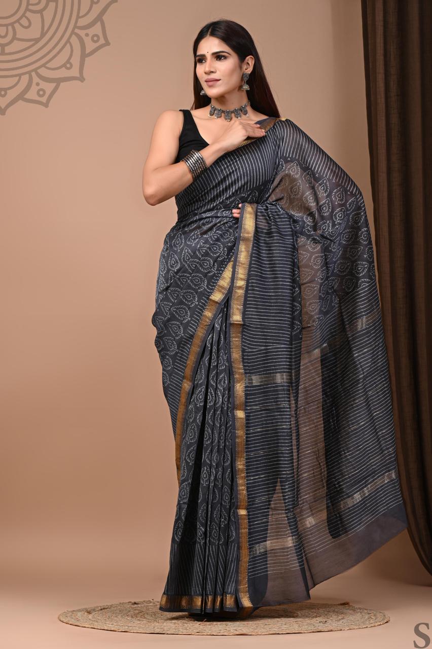 Pure Hand Block Printed Maheshwari Saree