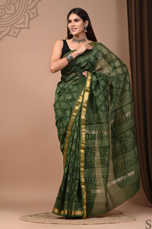Pure Hand Block Printed Maheshwari Saree