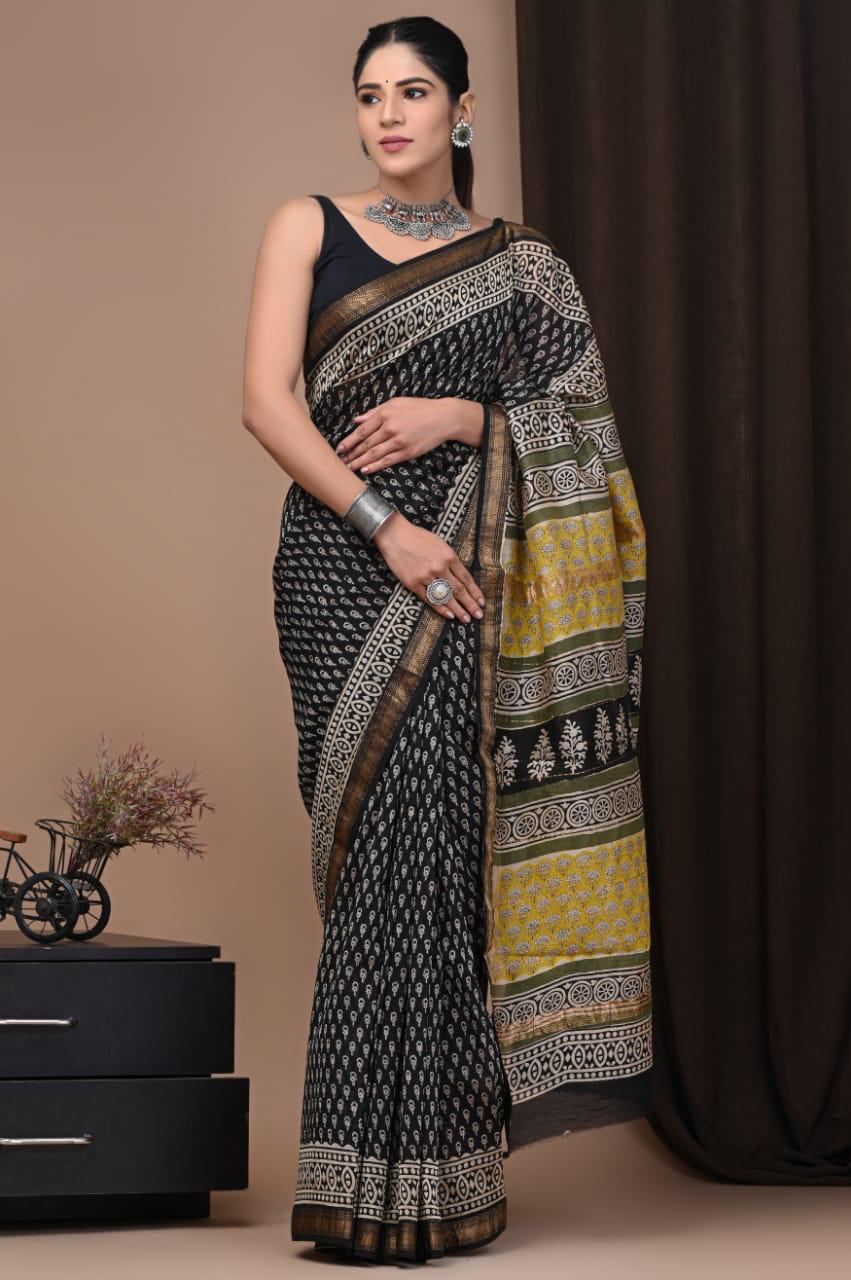 Pure Hand Block Printed Maheshwari Saree