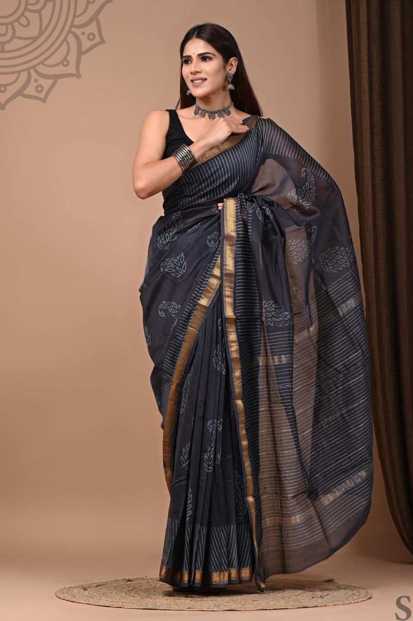 Pure Hand Block Printed Maheshwari Saree