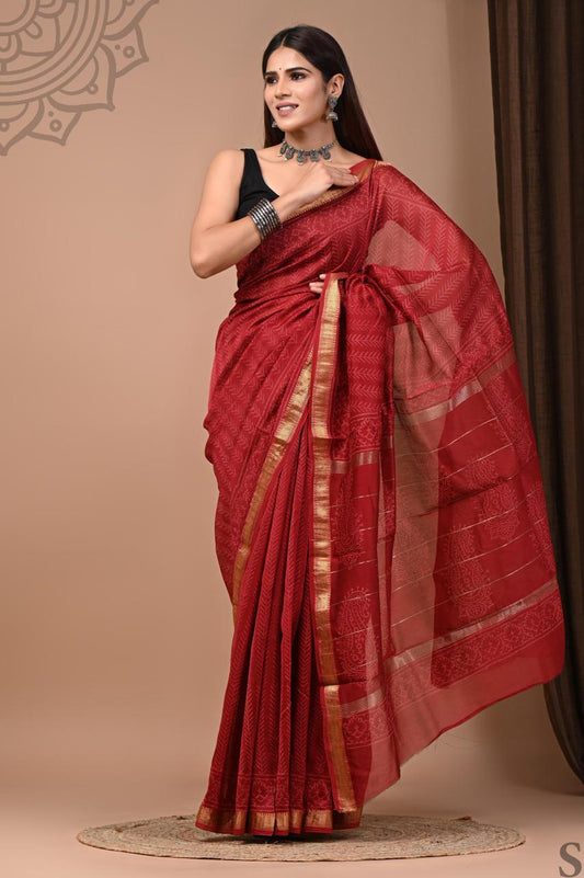 Pure Hand Block Printed Maheshwari Saree