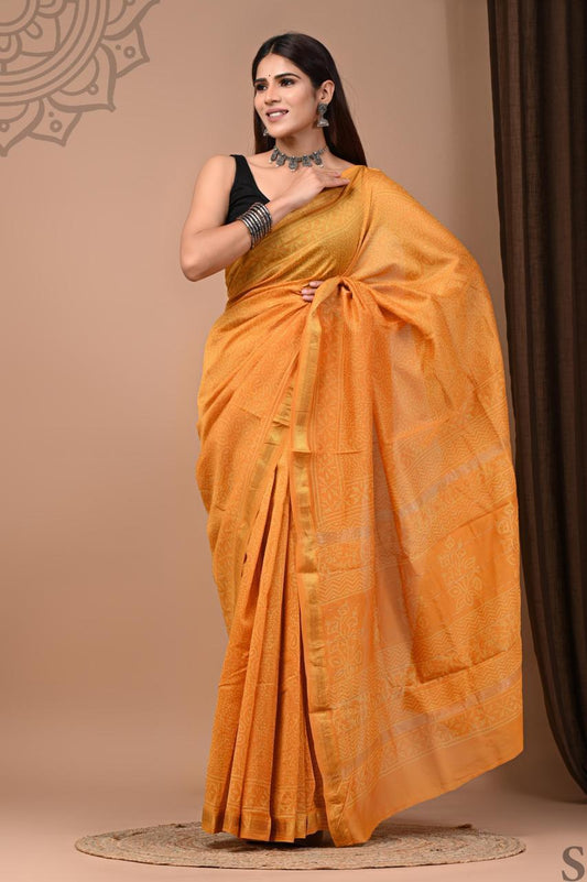Pure Hand Block Printed Maheshwari Saree
