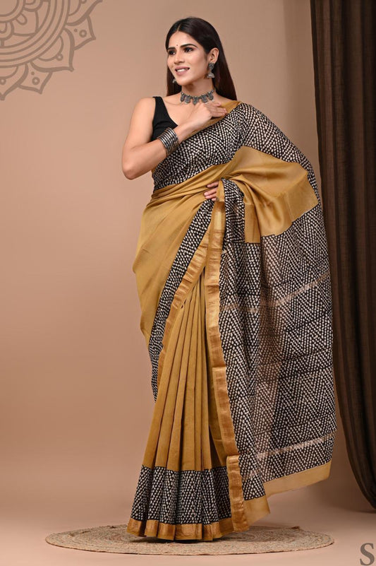 Pure Hand Block Printed Maheshwari Saree