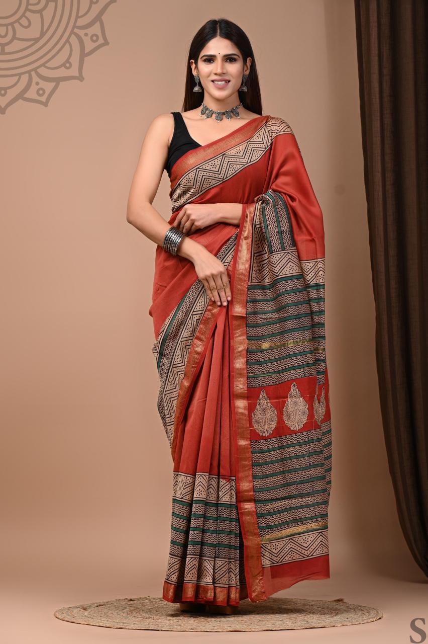 Pure Hand Block Printed Maheshwari Saree