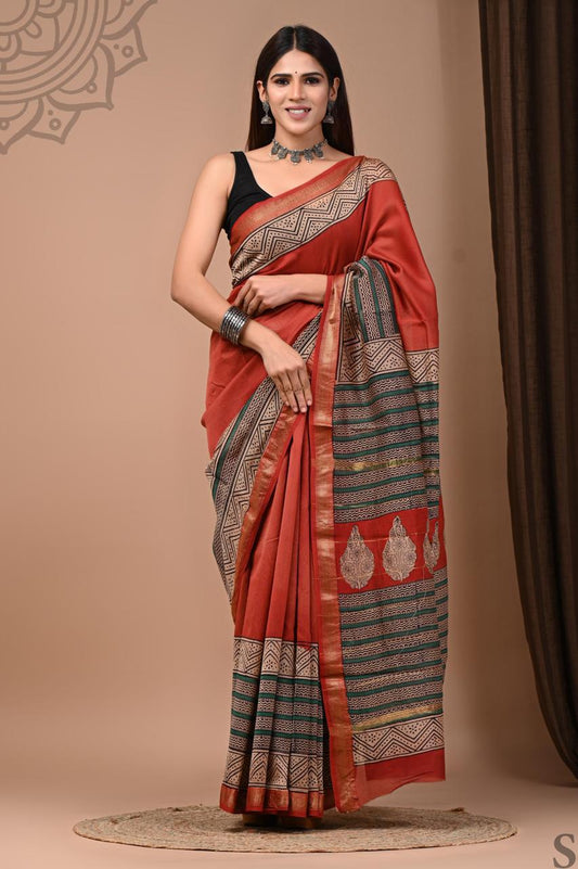 Pure Hand Block Printed Maheshwari Saree