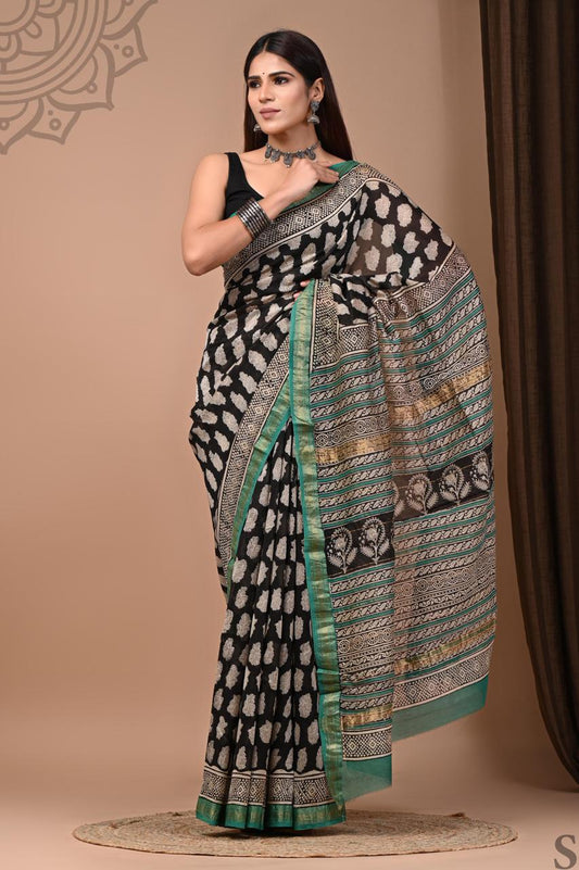 Pure Hand Block Printed Maheshwari Saree