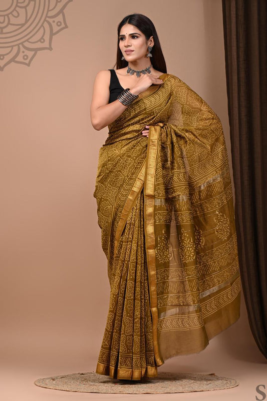 Pure Hand Block Printed Maheshwari Saree
