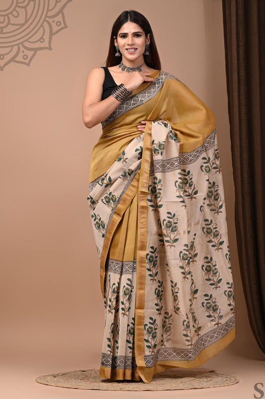 Pure Hand Block Printed Maheshwari Saree