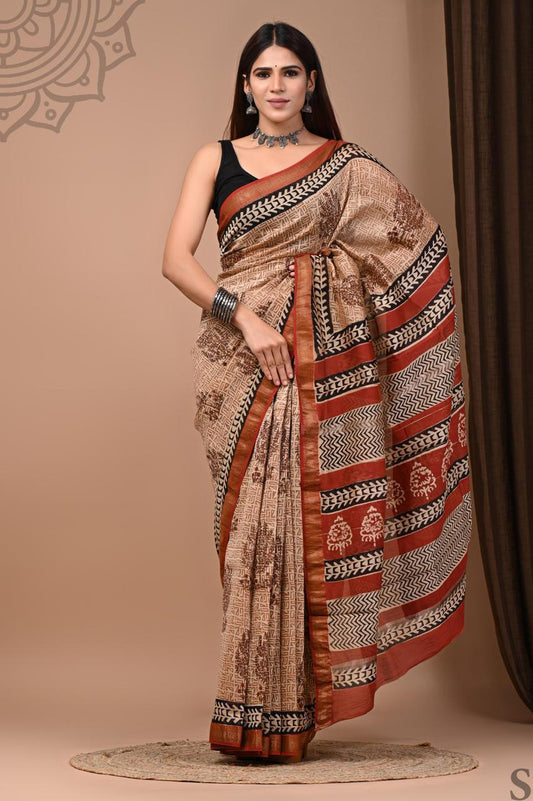 Pure Hand Block Printed Maheshwari Saree