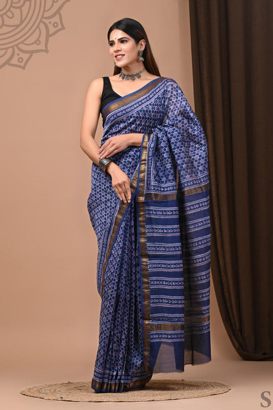 Pure Hand Block Printed Maheshwari Saree