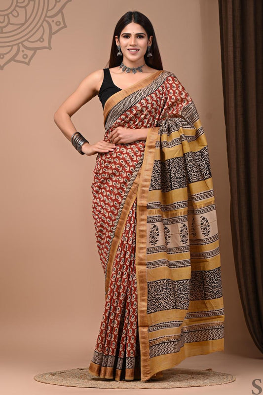 Pure Hand Block Printed Maheshwari Saree