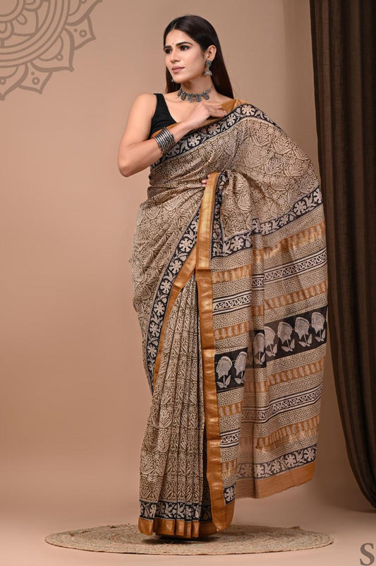 Pure Hand Block Printed Maheshwari Saree