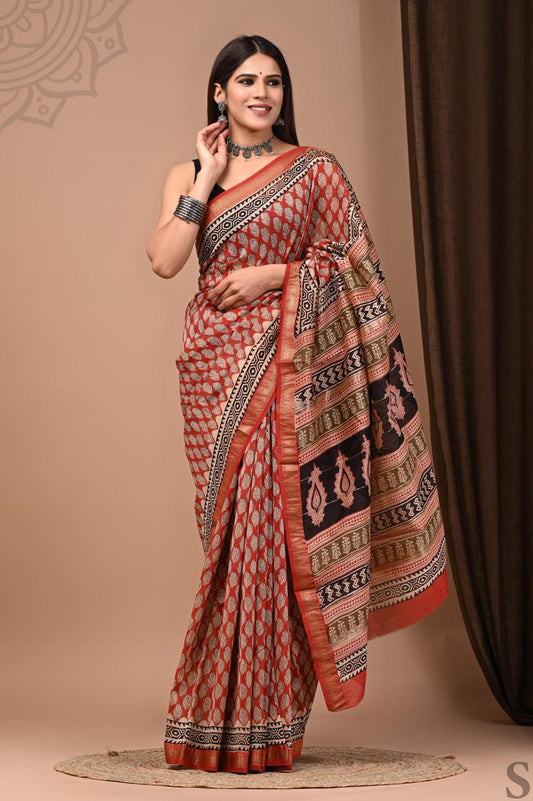 Pure Hand Block Printed Maheshwari Saree