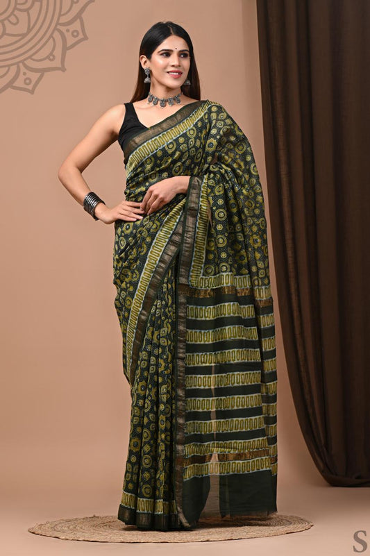 Pure Hand Block Printed Maheshwari Saree