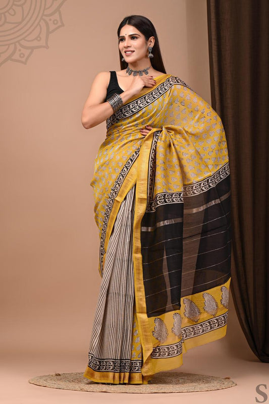 Pure Hand Block Printed Maheshwari Saree
