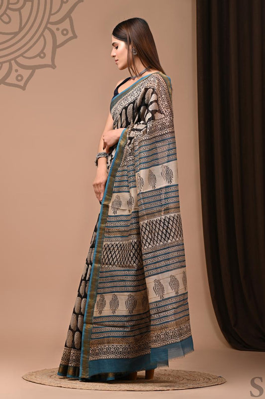 Pure Hand Block Printed Maheshwari Saree