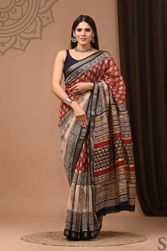 Pure Hand Block Printed Maheshwari Saree